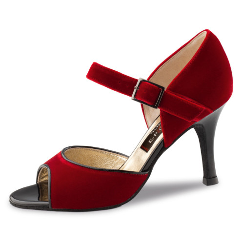 Nueva Epoca Damen Tanzschuhe Romy - Samt Rot/Lack Schwarz - 7 cm Stiletto - Größe: UK 4